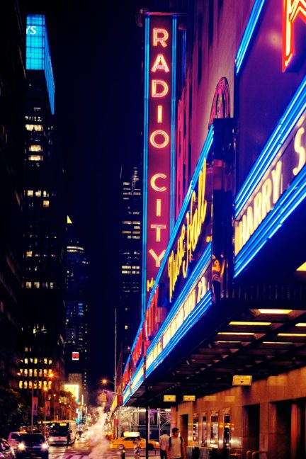 Radio City with colorful lights 
